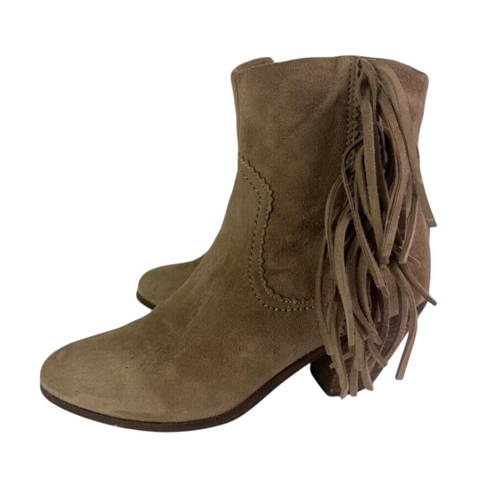 Sam Edelman Boots Womens Louie 7.5M Brown Ankle Suede Fringe Zip Western Heel